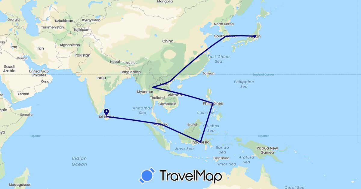 TravelMap itinerary: driving in Indonesia, Japan, South Korea, Laos, Sri Lanka, Malaysia, Philippines, Thailand, Vietnam (Asia)